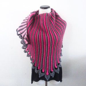 Hot Pink Fuschia Ombre & Gray Hand Crochet Shawl Large